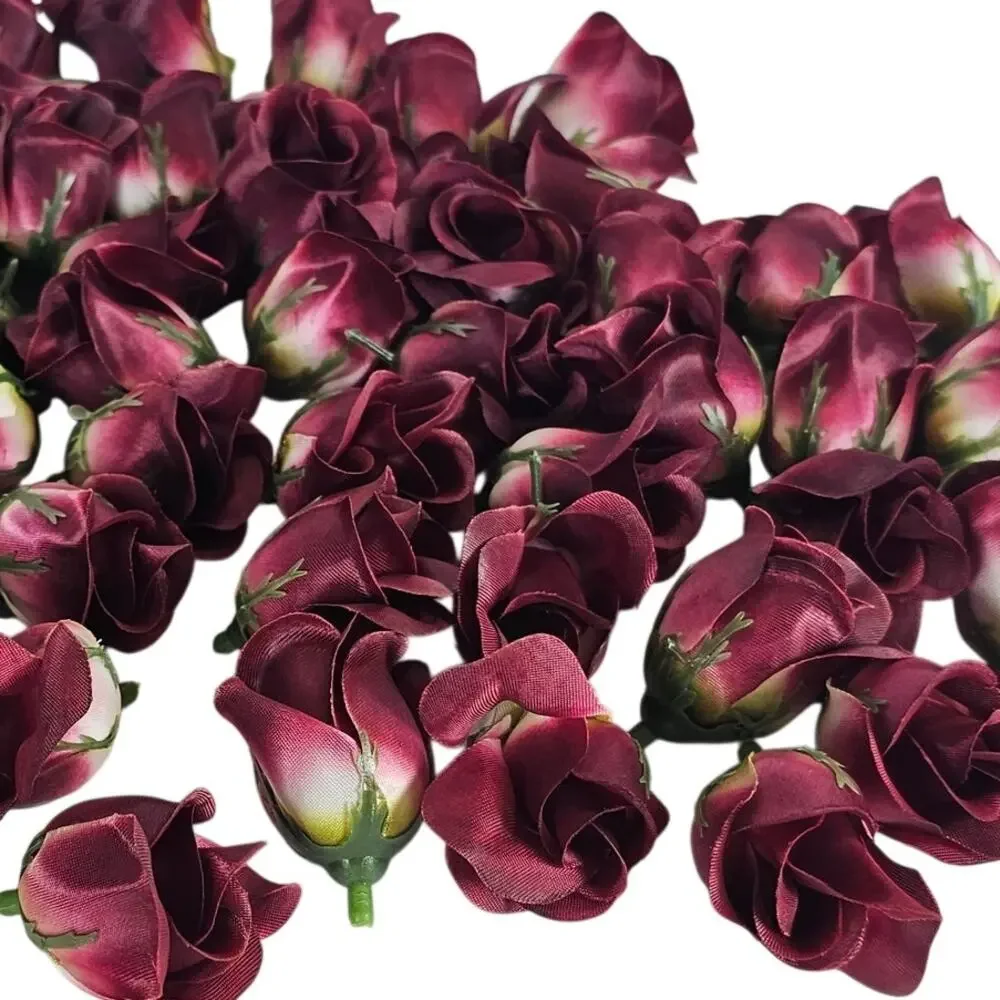 50 Wine Red Satin Rose Buds Stemless Wedding Floral Craft DIY 2 inch Burgundy